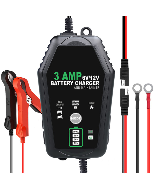 3 AMP Battery Charger - 6V/12V Smart Automotive Battery Charger, Fully Automatic and Maintainer Trickle Charger for Car, Motorcycle, Boat, Lead-Acid, Lithium, LiFePo4 Battery