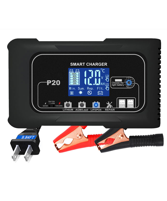 20 Amp Car Battery Charger, 12V and 24V Lifepo4,Lead-Acid(AGM/Gel/SLA..) Portable Car Battery Charger ,Battery Maintainer, Trickle Charger, and Battery Desulfator for Car ,Boat,Motorcycle