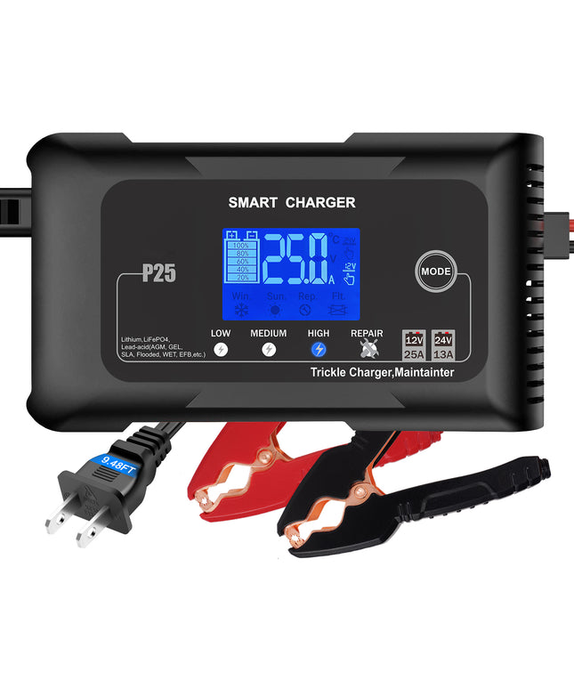 25 Amp Lithium Battery Charger, 12V and 24V Lifepo4,Lead-Acid(AGM/Gel/SLA..) Battery Charger ,Battery Maintainer, Trickle Charger, and Battery Desulfator for Car ,Boat,Motorcycle, Lawn Mower